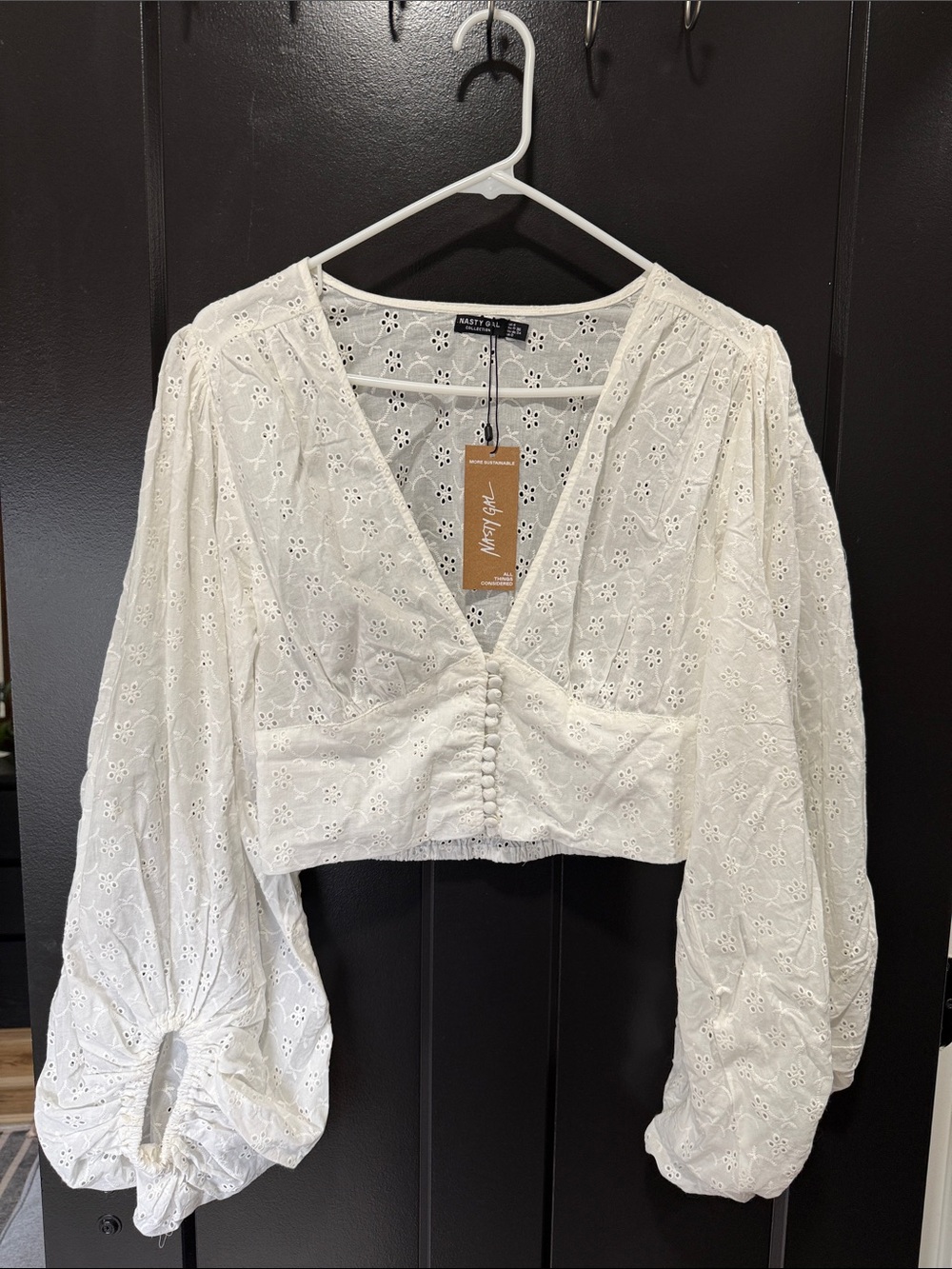 Nasty Gal White Broderie Eyelet V-Neck Crop Top with Puff Sleeves